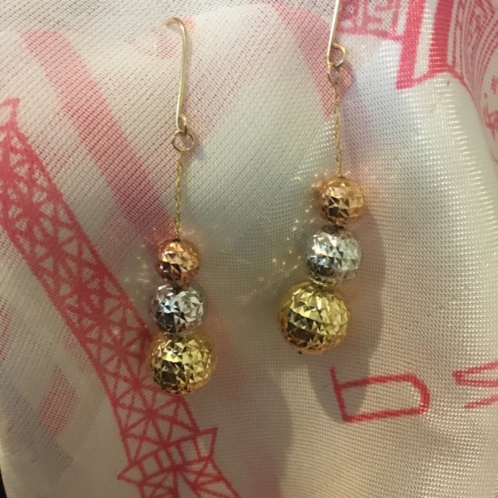 NWOT Vintage 14K Tri Colored Italian Gold Diamond Cut Ball Dangle Earrings